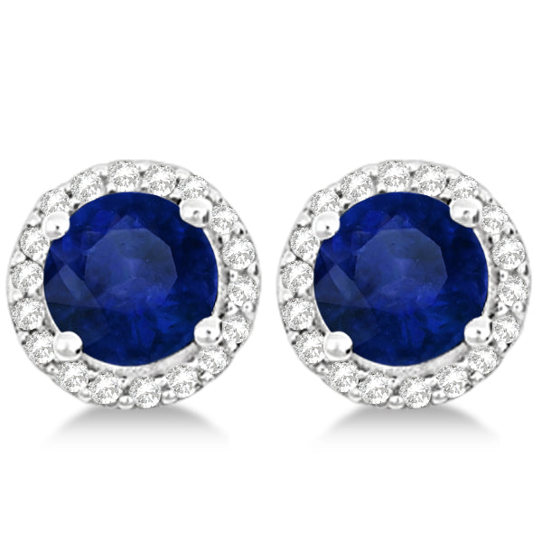 Lab Blue Sapphire & Lab Diamond Halo Stud Earrings in Sterling Silver 2.27ct