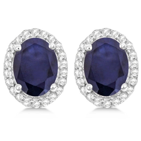 Oval Blue Sapphire & Diamond Halo Stud Earrings Sterling Silver 3.22ct