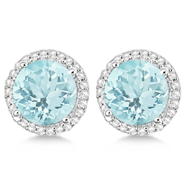 Round Aquamarine & Diamond Halo Stud Earrings Sterling Silver 2.66ct