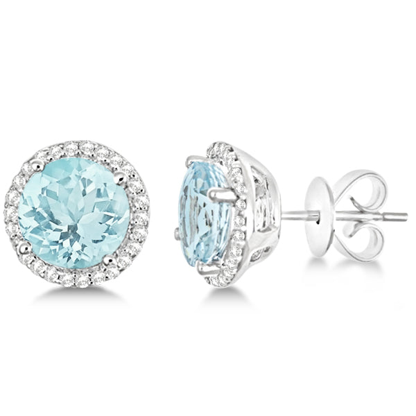 Round Aquamarine & Diamond Halo Stud Earrings 14k White Gold 2.66ct