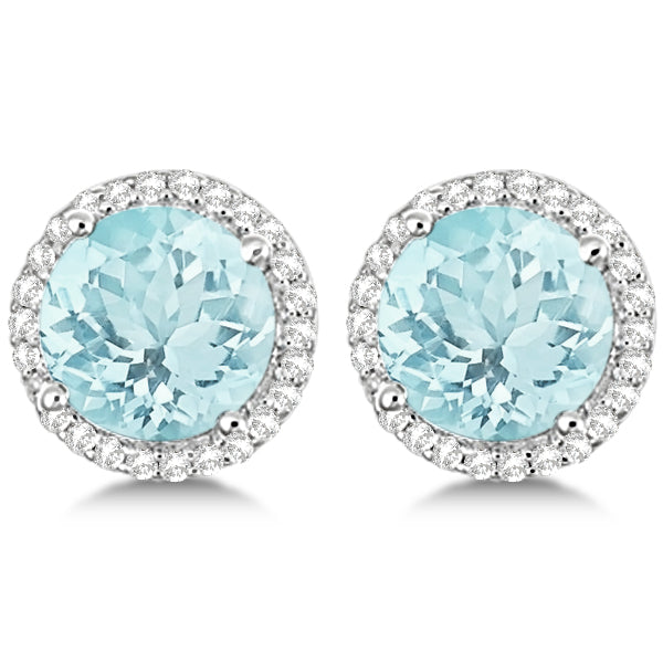 Round Aquamarine & Diamond Halo Stud Earrings 14k White Gold 2.66ct