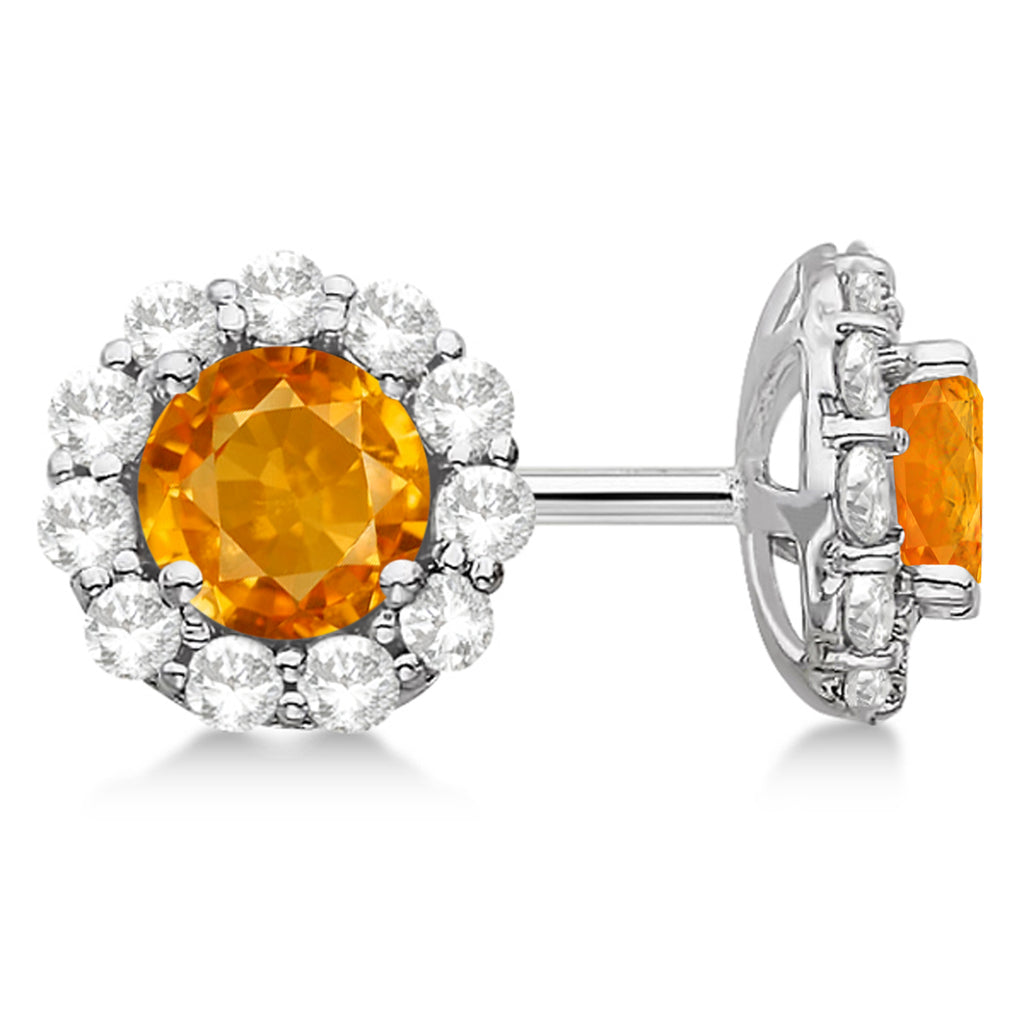 Halo Citrine & Diamond Stud Earrings 14kt White Gold 1.92ct.