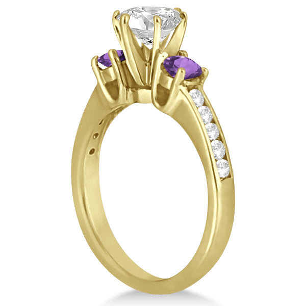 Three-Stone Amethyst & Diamond Engagement Ring 14k Yellow Gold 0.45ct