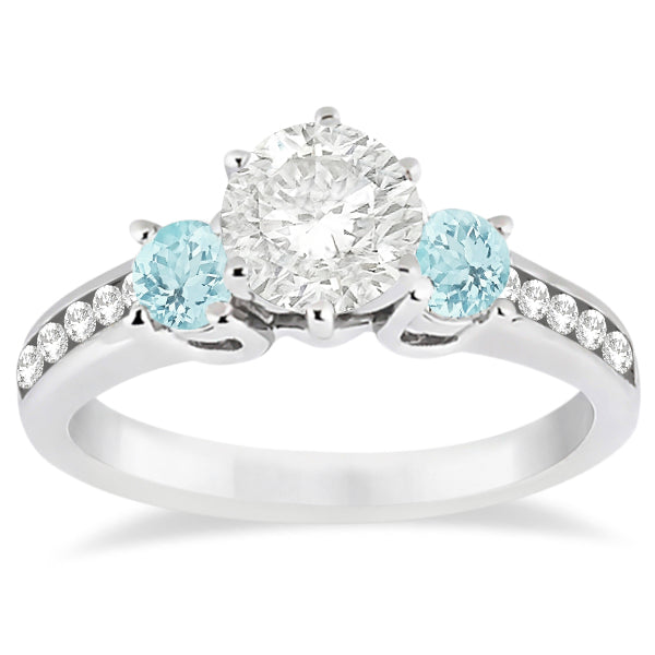 Three-Stone Aquamarine & Diamond Engagement Ring 18k White Gold 0.45ct