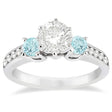 Three-Stone Aquamarine & Diamond Engagement Ring 18k White Gold 0.45ct