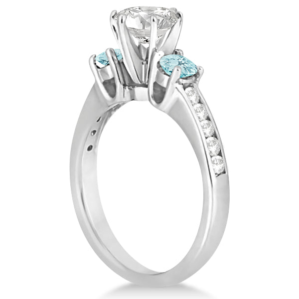 Three-Stone Aquamarine & Diamond Engagement Ring 18k White Gold 0.45ct
