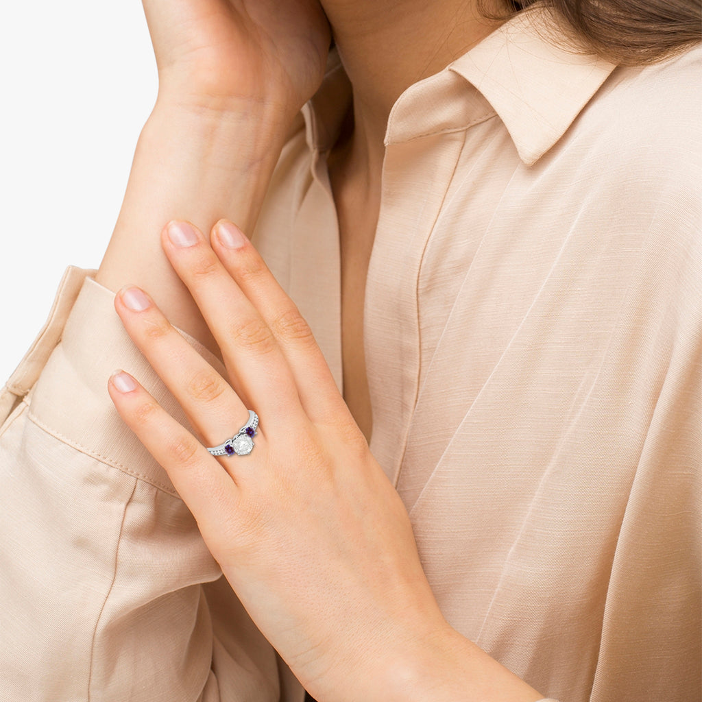 Three-Stone Diamond Engagement Ring with Lab Alexandrites in 14k White Gold (0.45 ctw)