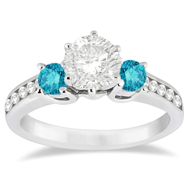 1.00 Carat 3-Stone Engagement Ring - 10k White Gold With Round White & Blue Diamonds (Size 8.5)
