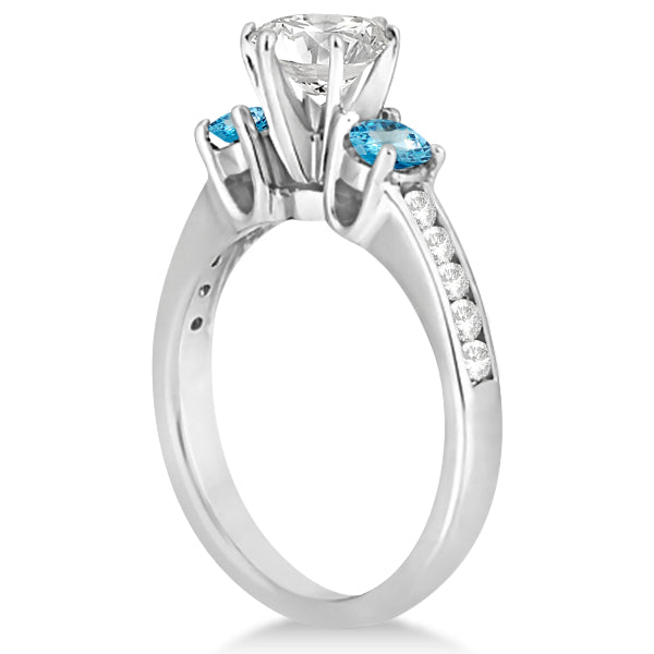 Three-Stone Blue Topaz & Diamond Engagement Ring 18k White Gold 0.45ct