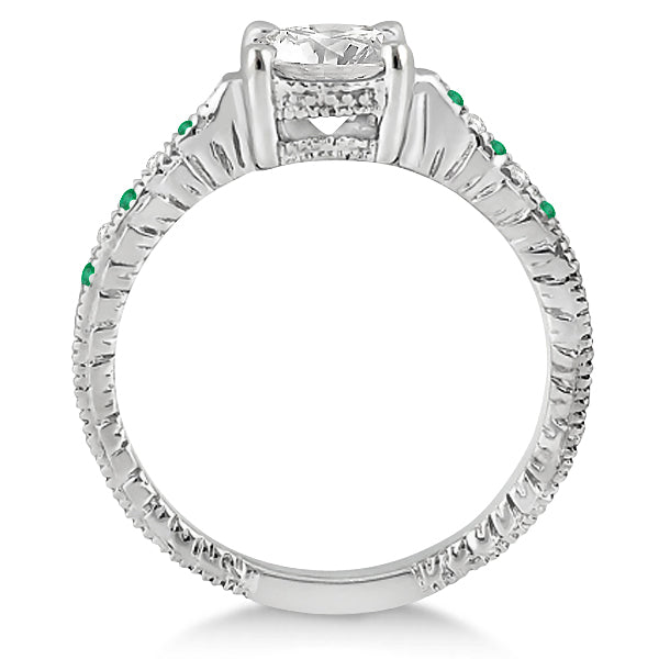 Vintage Emerald & Diamond Engagement Ring 14k White Gold 0.29ct