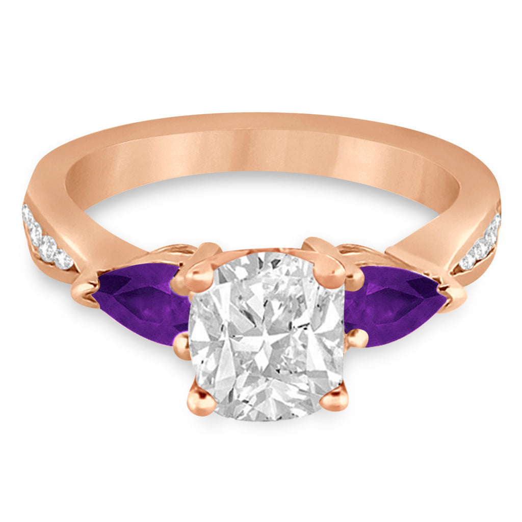 Cushion Diamond & Pear Amethyst Engagement Ring 14k Rose Gold (1.29ct)