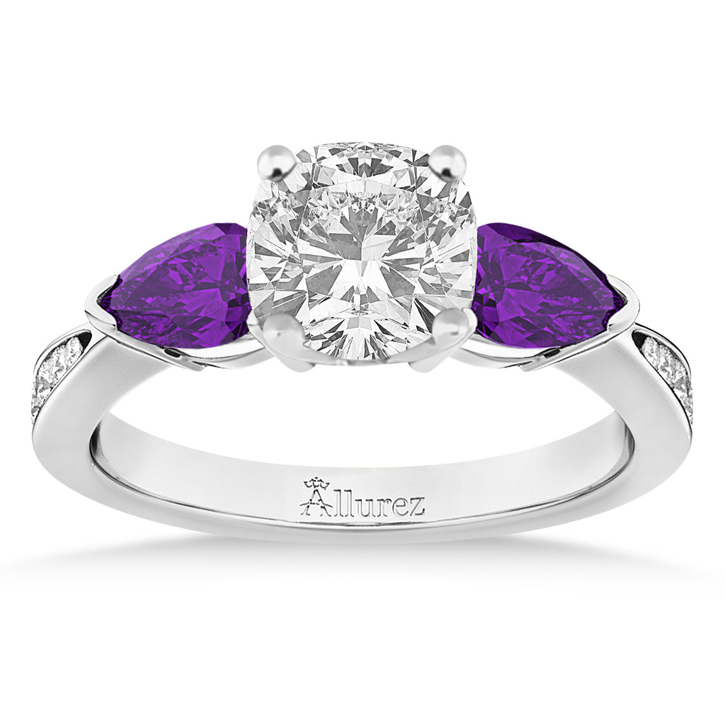 Cushion Diamond & Pear Amethyst Engagement Ring 14k White Gold (1.29ct)