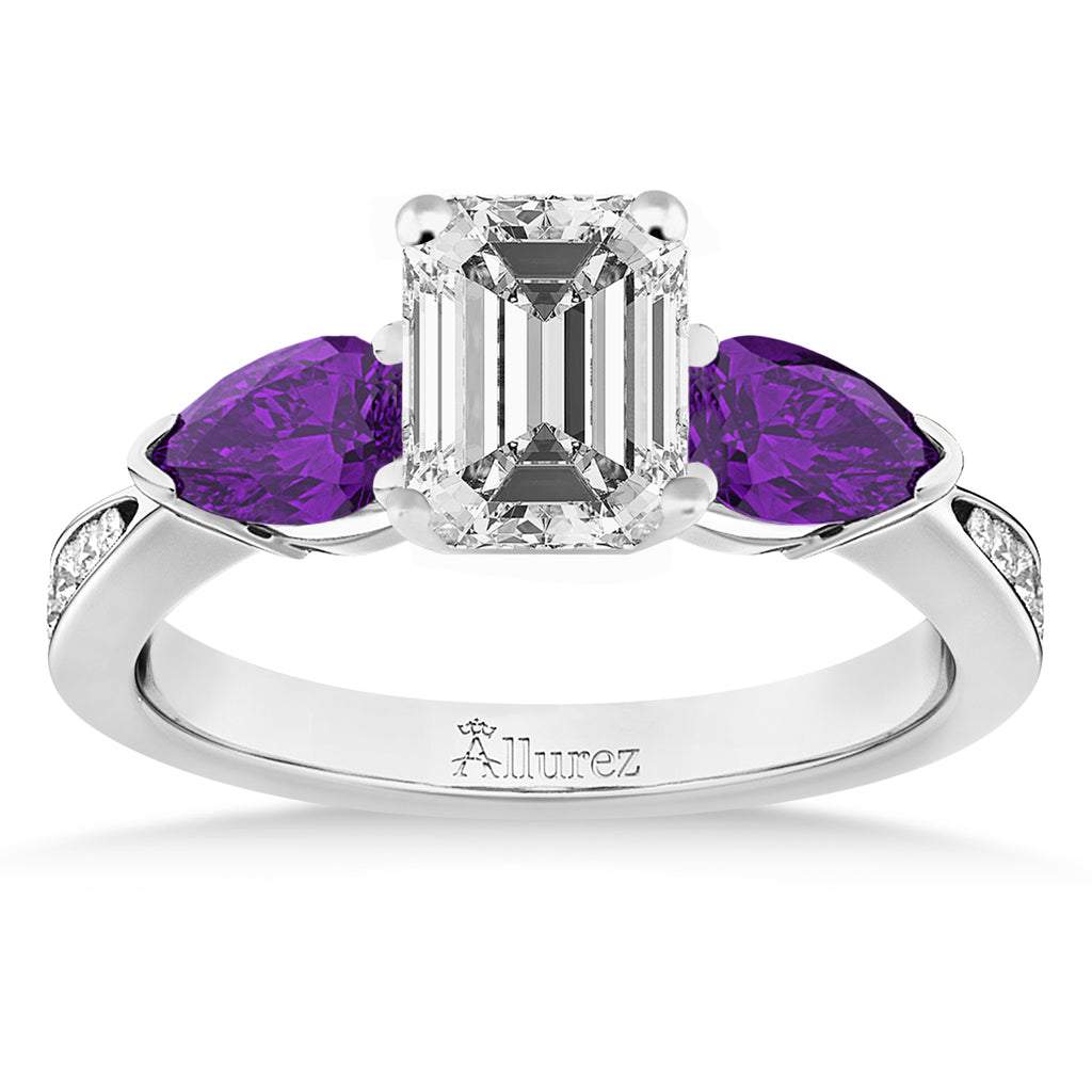 Emerald Diamond & Pear Amethyst Engagement Ring 14k White Gold (1.29ct)