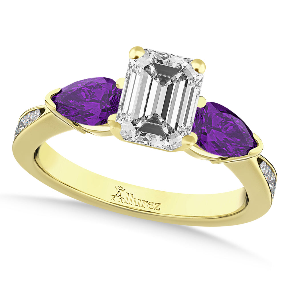 Emerald Diamond & Pear Amethyst Engagement Ring 14k Yellow Gold (1.29ct)