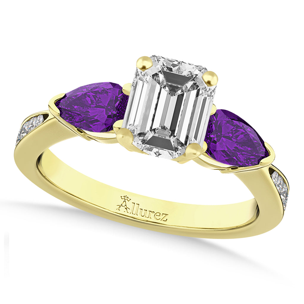 Emerald Diamond & Pear Amethyst Engagement Ring 18k Yellow Gold (1.29ct)