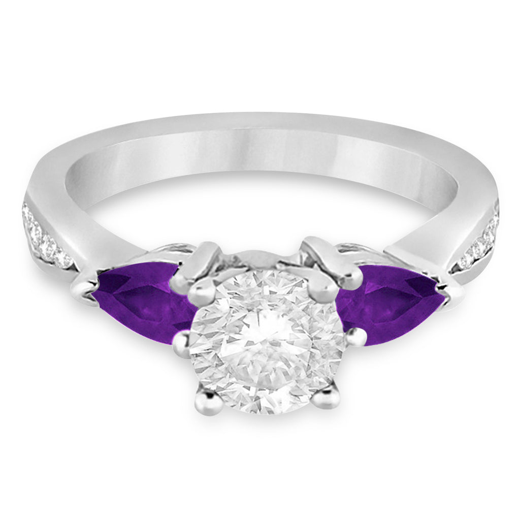 Round Diamond & Pear Amethyst Engagement Ring 14k White Gold (1.29ct)