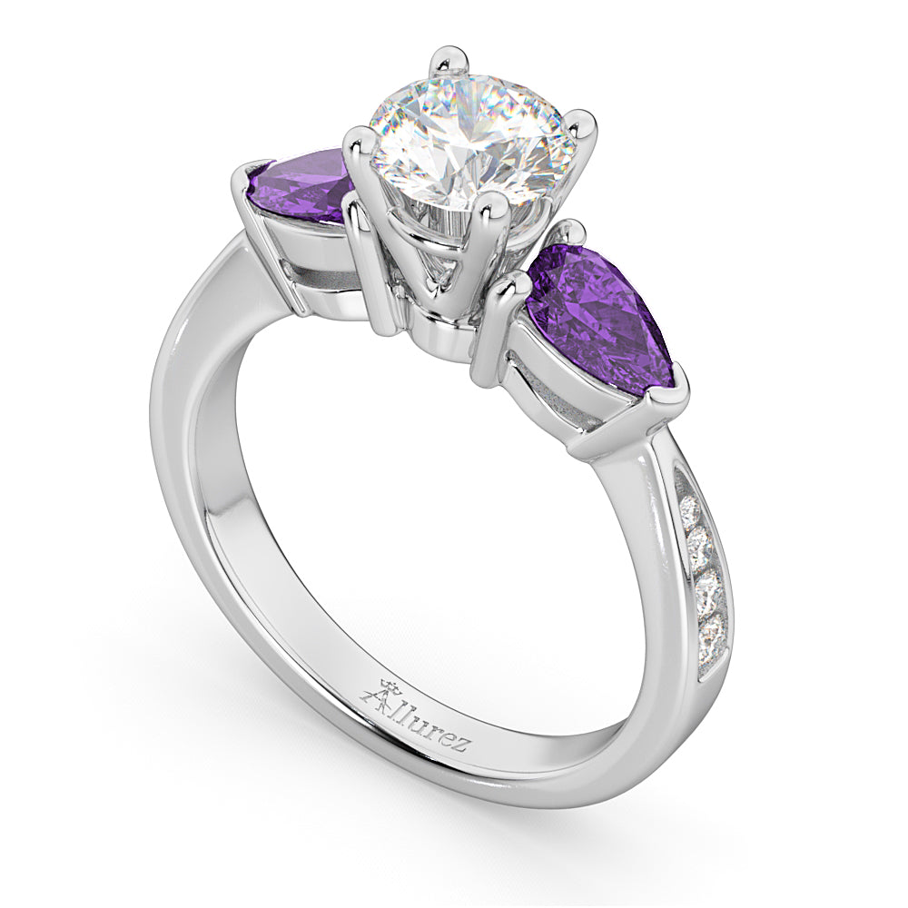 Round Diamond & Pear Amethyst Engagement Ring in Platinum (1.29ct)