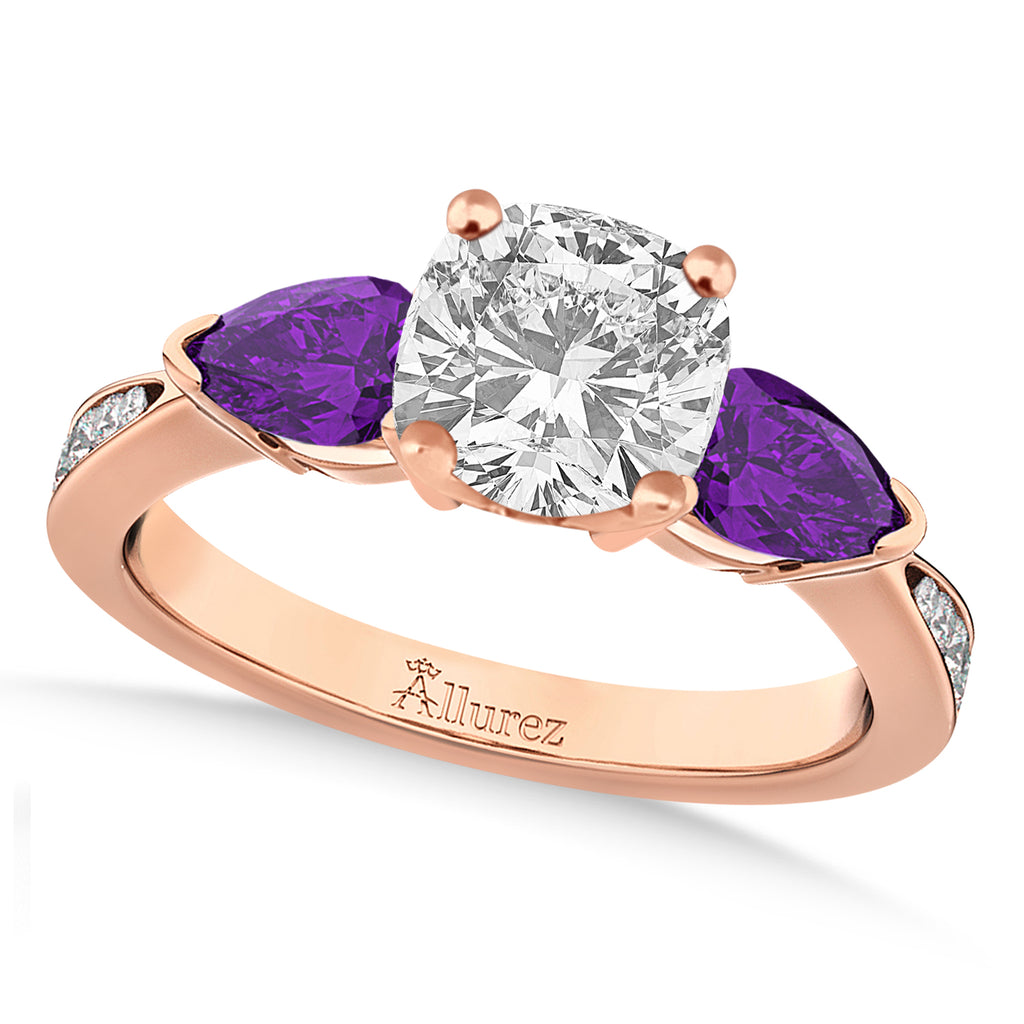Cushion Diamond & Pear Amethyst Engagement Ring 14k Rose Gold (1.79ct)