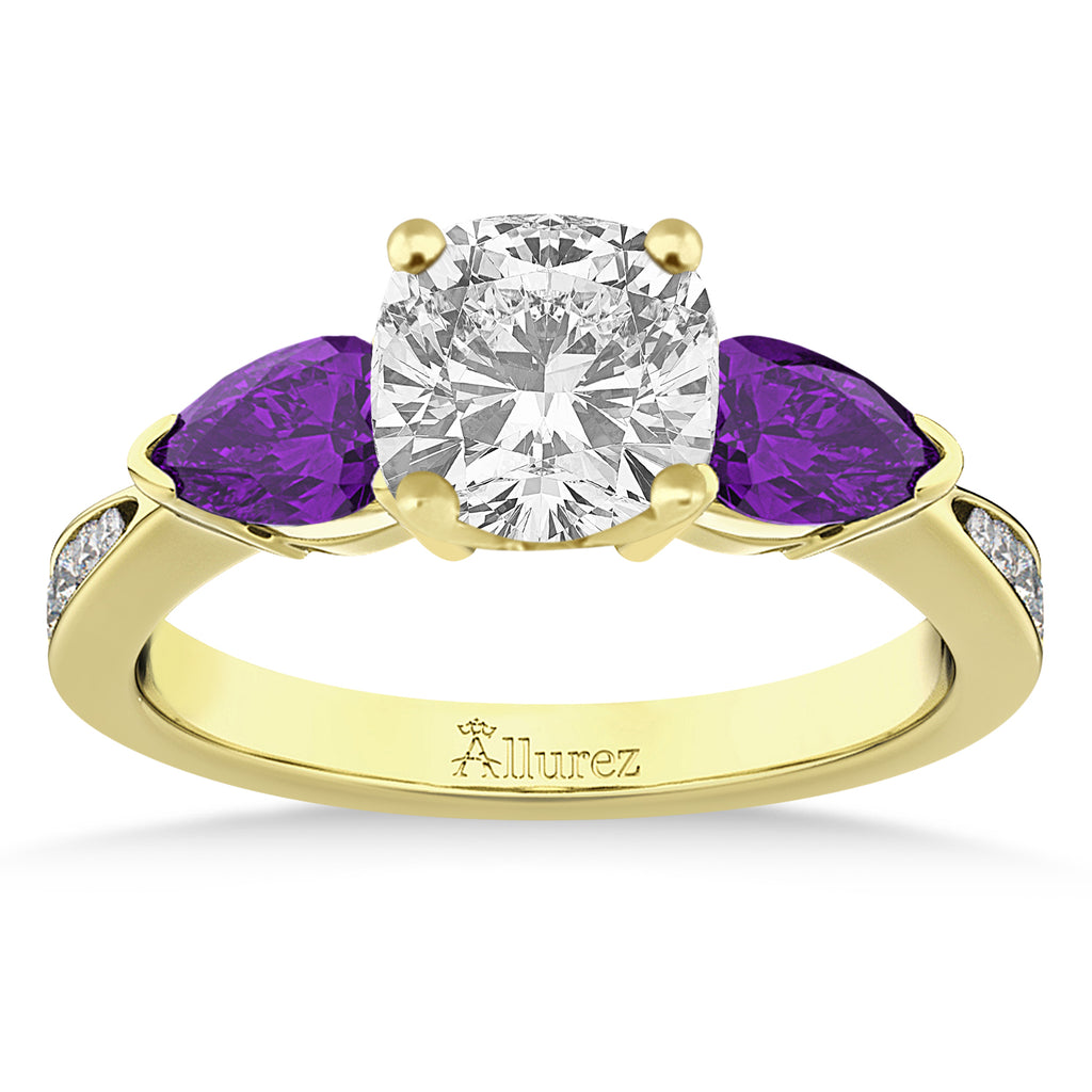 Cushion Diamond & Pear Amethyst Engagement Ring 14k Yellow Gold (1.79ct)