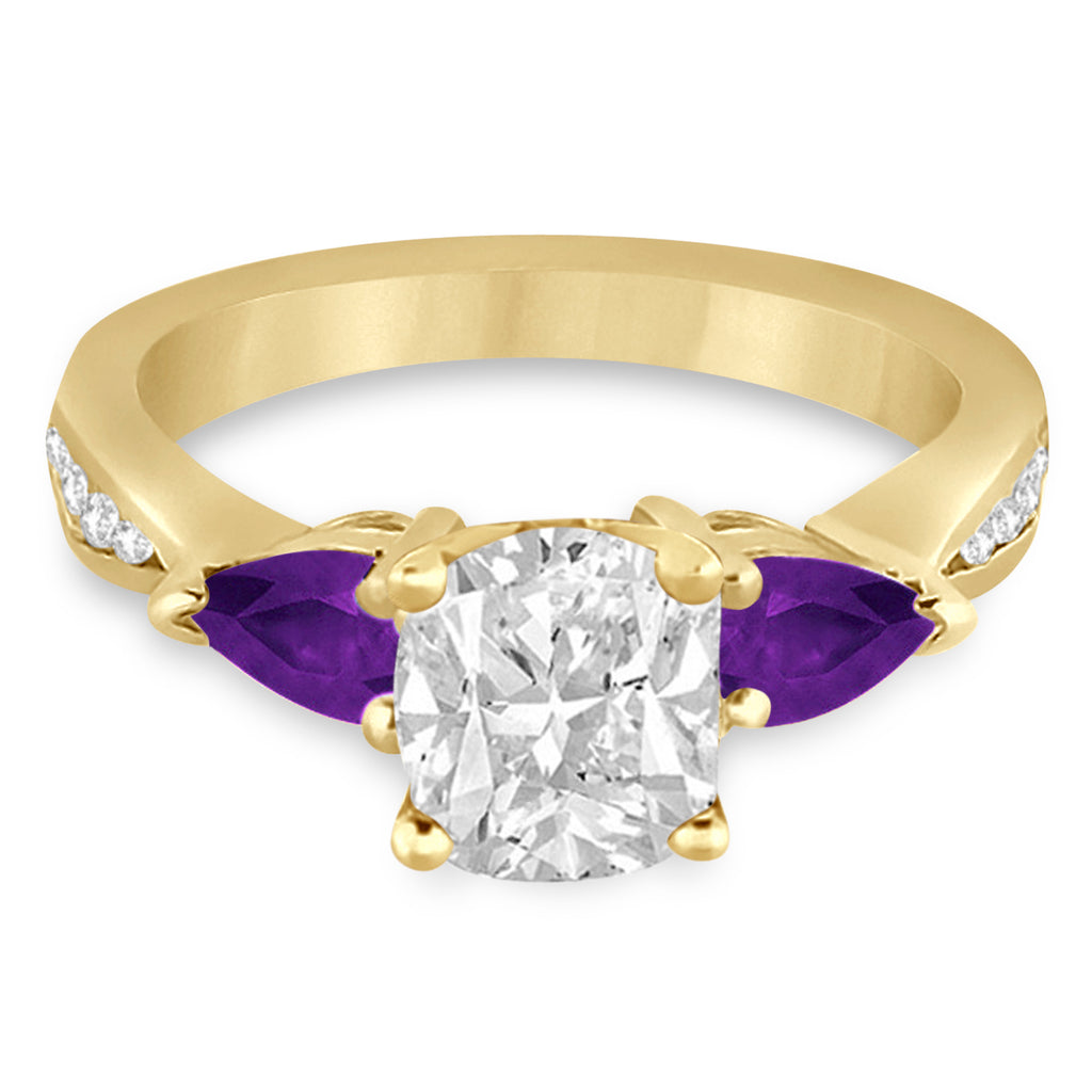Cushion Diamond & Pear Amethyst Engagement Ring 14k Yellow Gold (1.79ct)