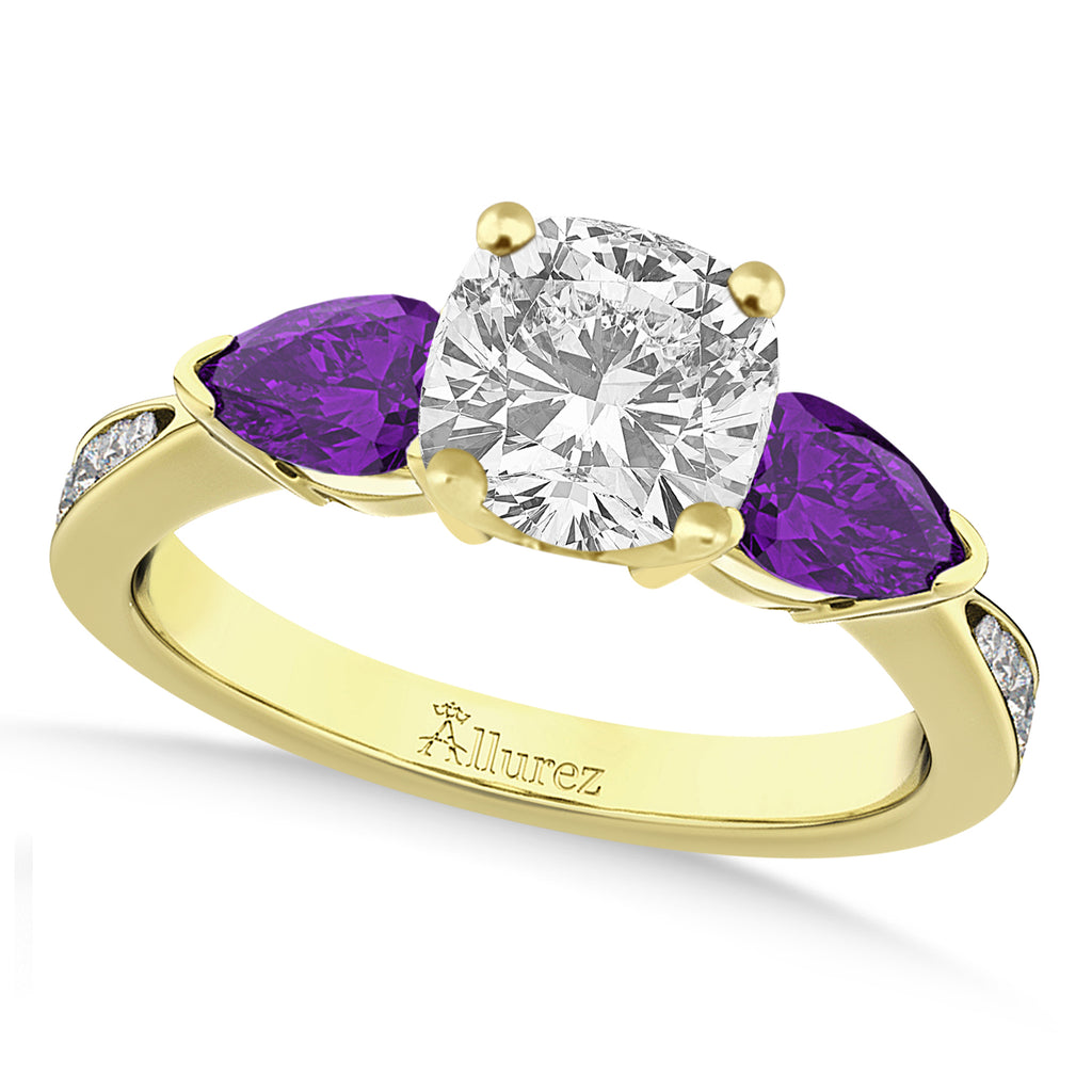 Cushion Diamond & Pear Amethyst Engagement Ring 18k Yellow Gold (1.79ct)