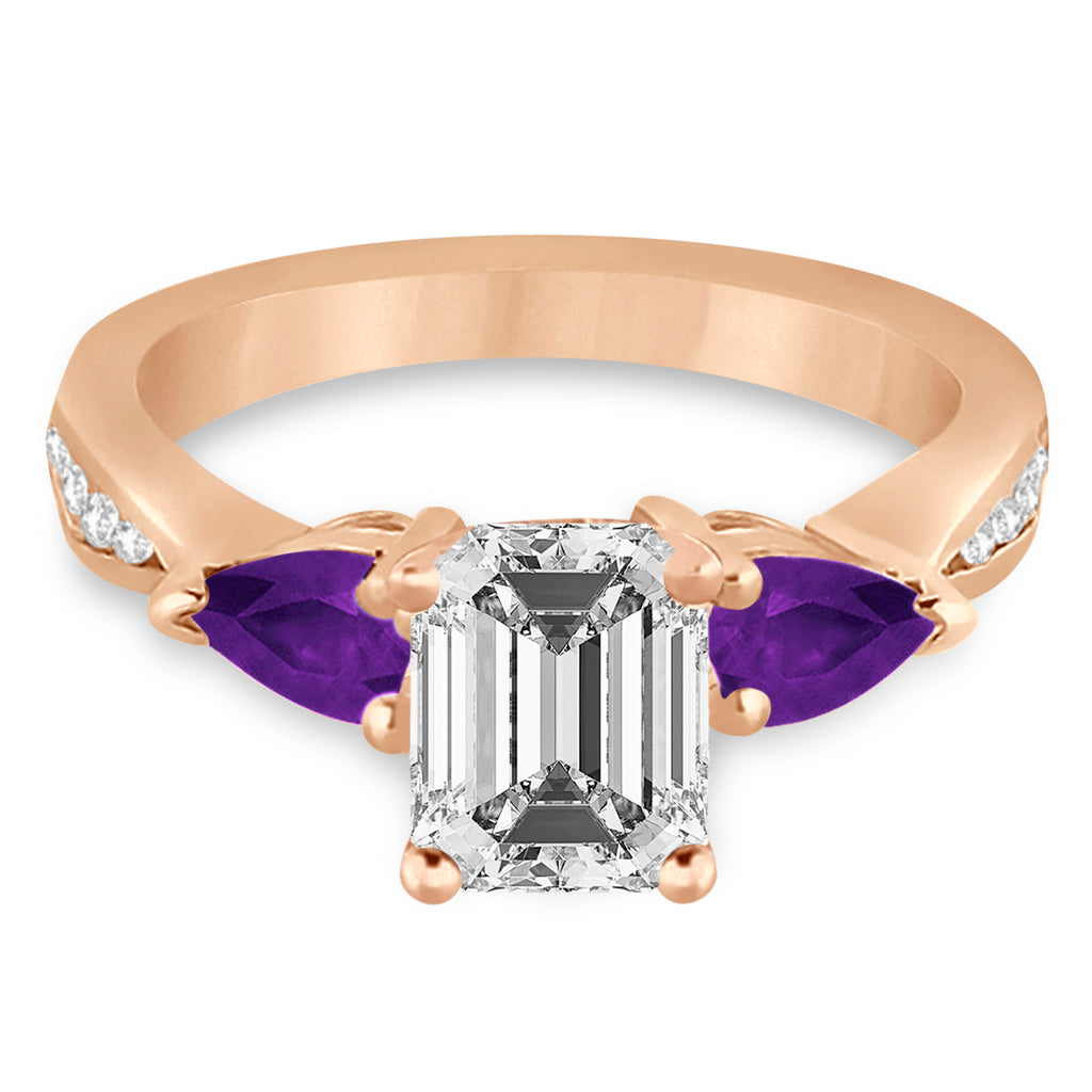 Emerald Diamond & Pear Amethyst Engagement Ring 14k Rose Gold (1.79ct)