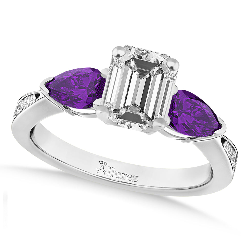 Emerald Diamond & Pear Amethyst Engagement Ring 18k White Gold (1.79ct)