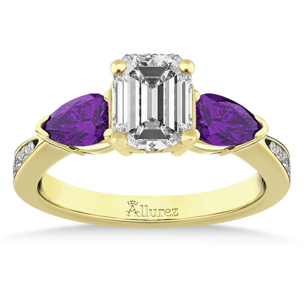 Emerald Diamond & Pear Amethyst Engagement Ring 18k Yellow Gold (1.79ct)