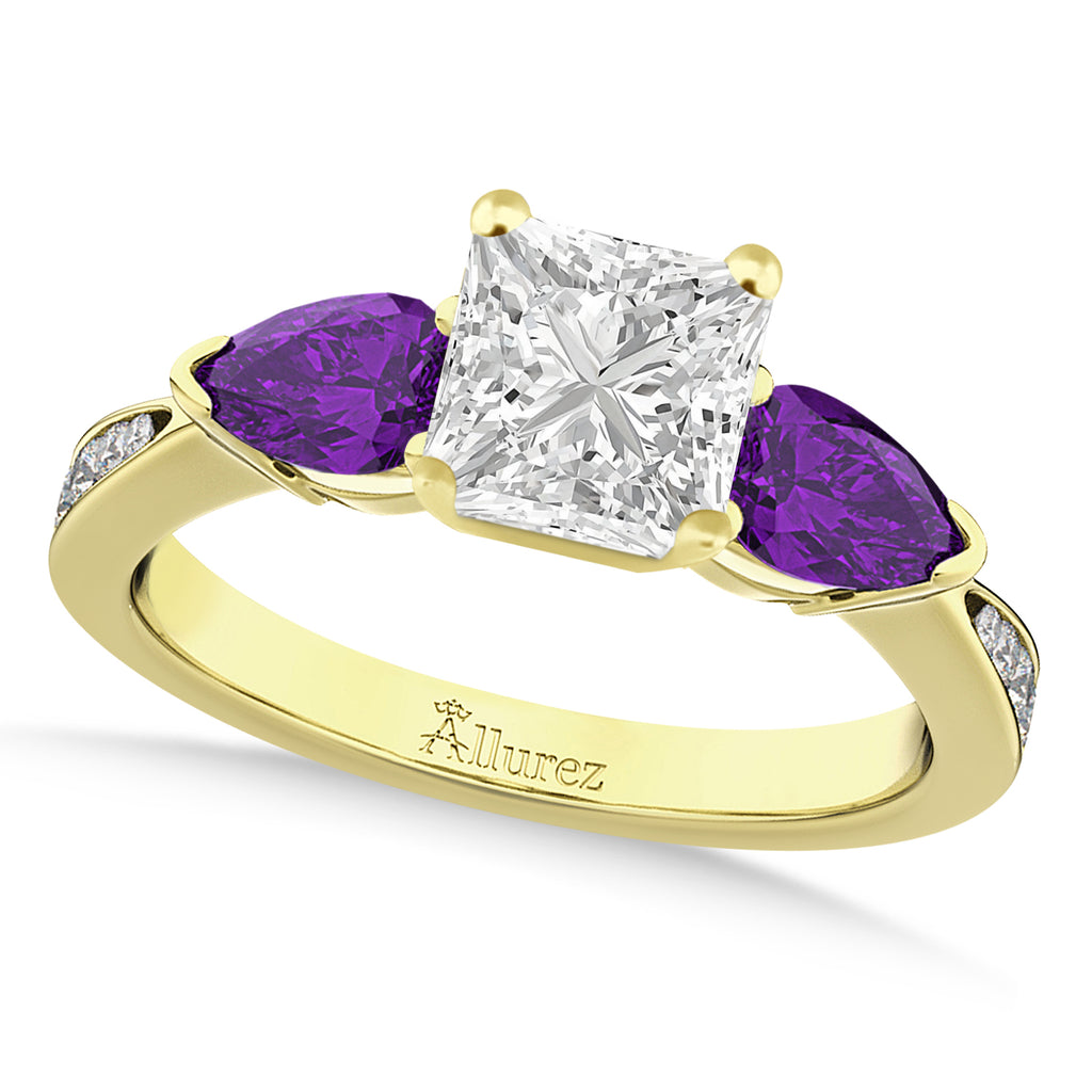 Princess Diamond & Pear Amethyst Engagement Ring 14k Yellow Gold (1.79ct)