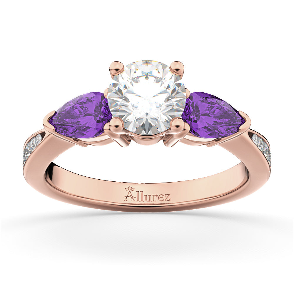 Round Diamond & Pear Amethyst Engagement Ring 14k Rose Gold (1.79ct)