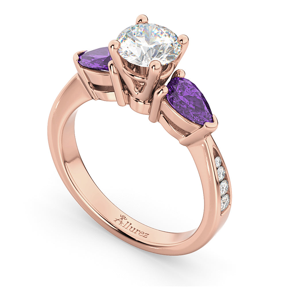Round Diamond & Pear Amethyst Engagement Ring 14k Rose Gold (1.79ct)