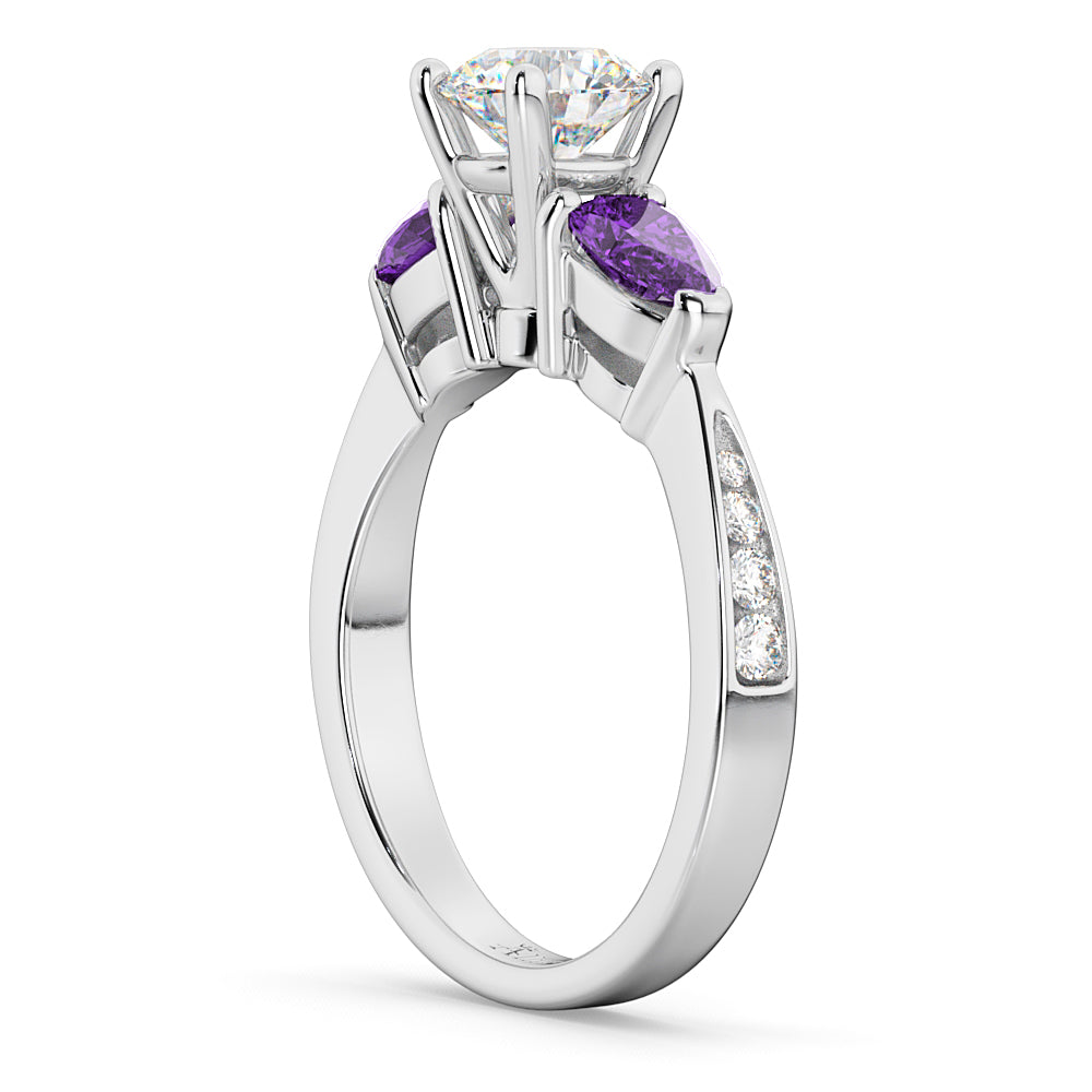 Round Diamond & Pear Amethyst Engagement Ring 14k White Gold (1.79ct)