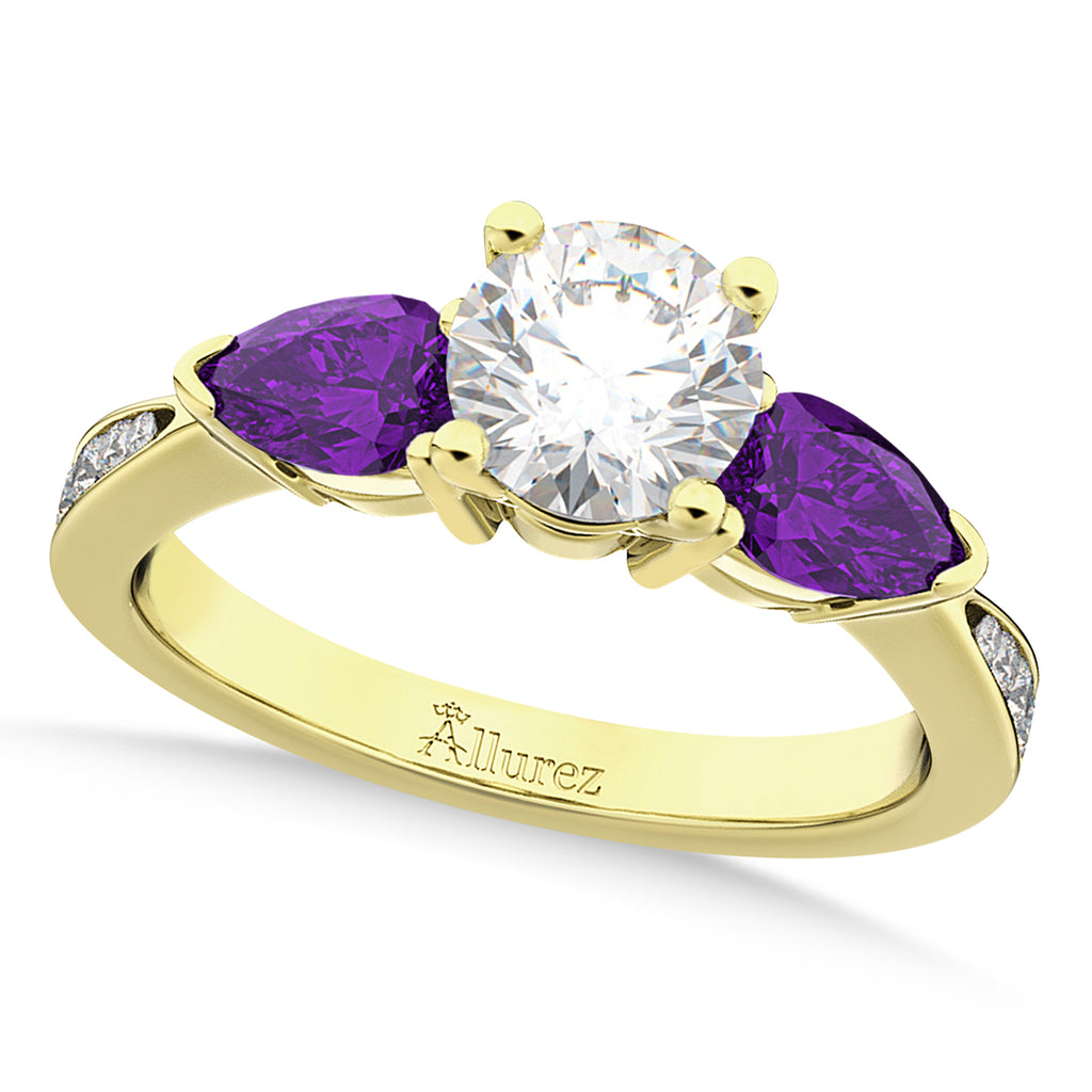 Round Diamond & Pear Amethyst Engagement Ring 14k Yellow Gold (1.79ct)