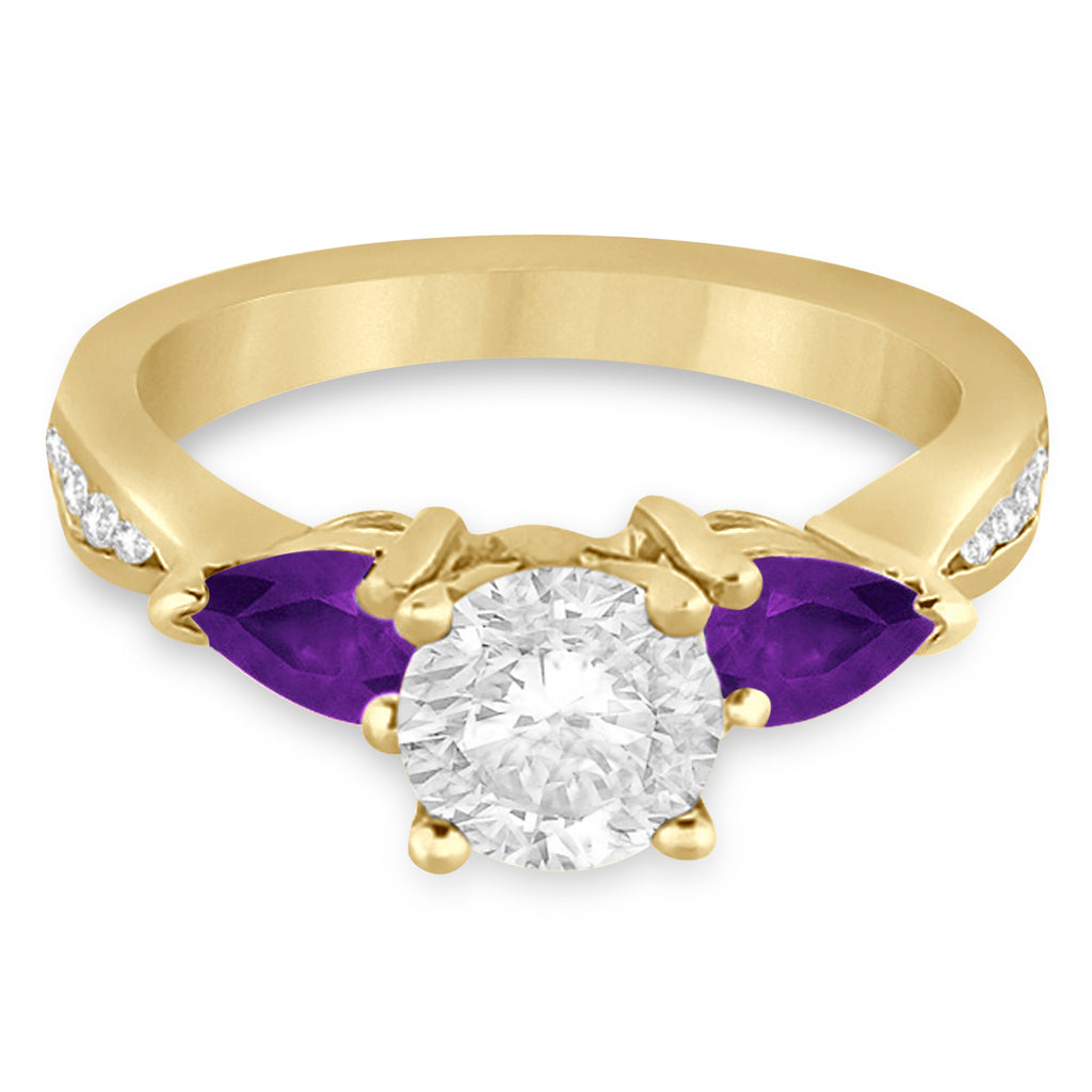 Round Diamond & Pear Amethyst Engagement Ring 18k Yellow Gold (1.79ct)