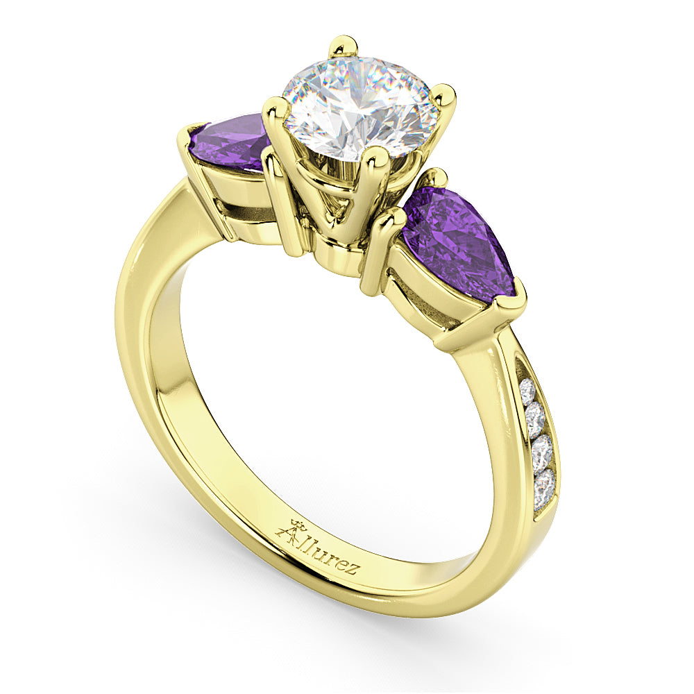 Round Diamond & Pear Amethyst Engagement Ring 18k Yellow Gold (1.79ct)