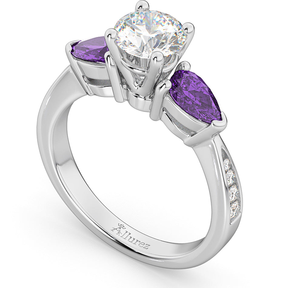 Diamond & Pear Amethyst Engagement Ring 14k White Gold (0.79ct)