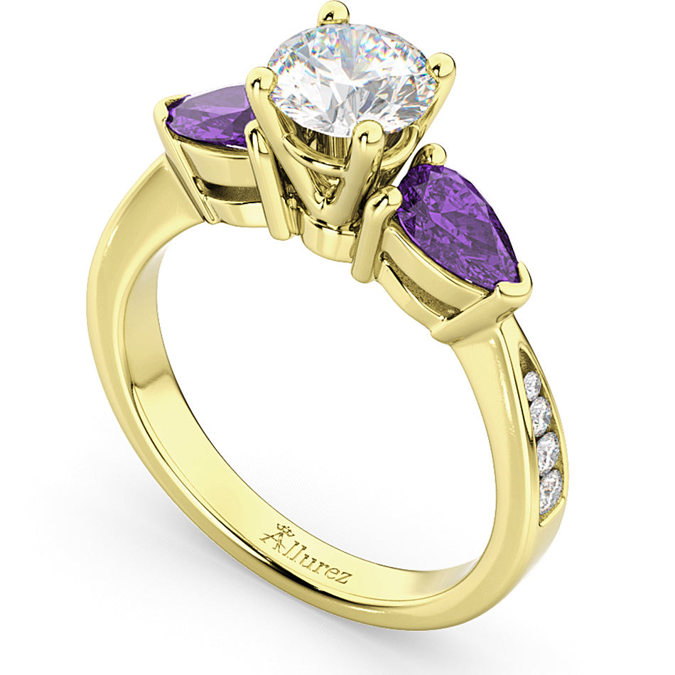 Diamond & Pear Amethyst Engagement Ring 18k Yellow Gold (0.79ct)
