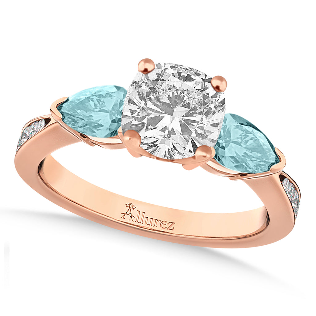 Cushion Diamond & Pear Aquamarine Engagement Ring 18k Rose Gold (1.29ct)