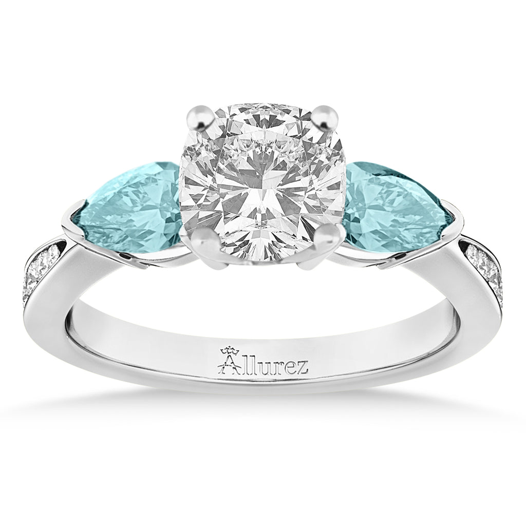 Cushion Diamond & Pear Aquamarine Engagement Ring 18k White Gold (1.29ct)