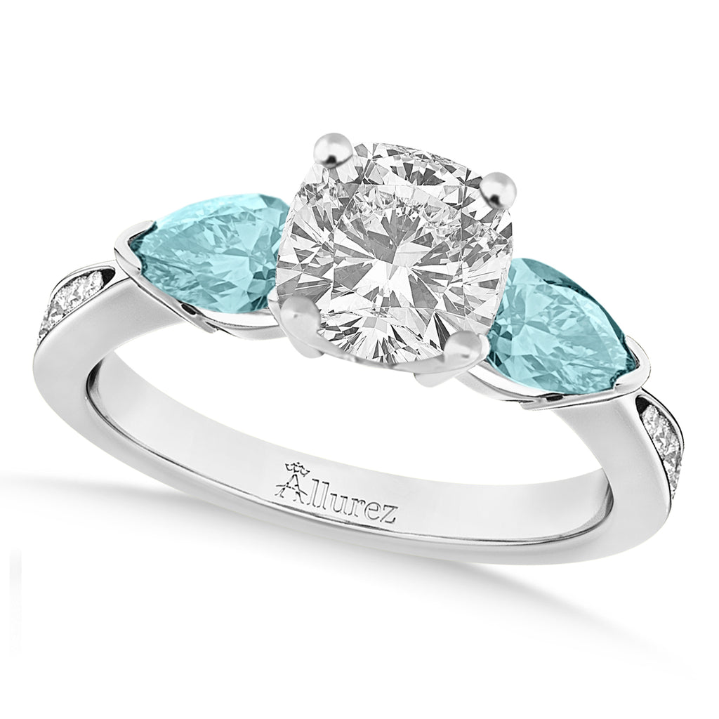 Cushion Diamond & Pear Aquamarine Engagement Ring in Palladium (1.29ct)