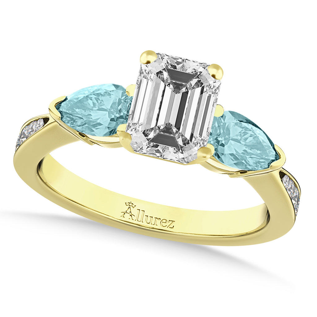 Emerald Diamond & Pear Aquamarine Engagement Ring 14k Yellow Gold (1.29ct)