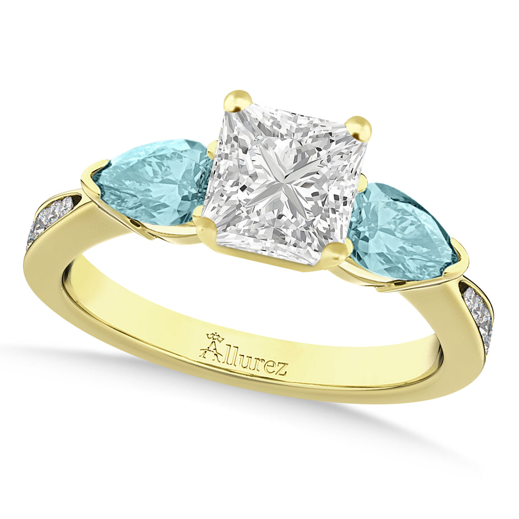Princess Diamond & Pear Aquamarine Engagement Ring 18k Yellow Gold (1.29ct)