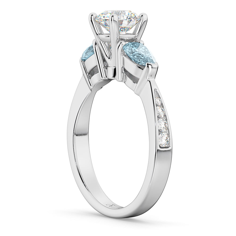 Round Diamond & Pear Aquamarine Engagement Ring 14k White Gold (1.29ct)