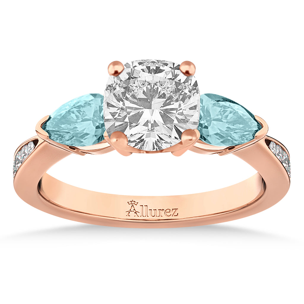 Cushion Diamond & Pear Aquamarine Engagement Ring 14k Rose Gold (1.79ct)