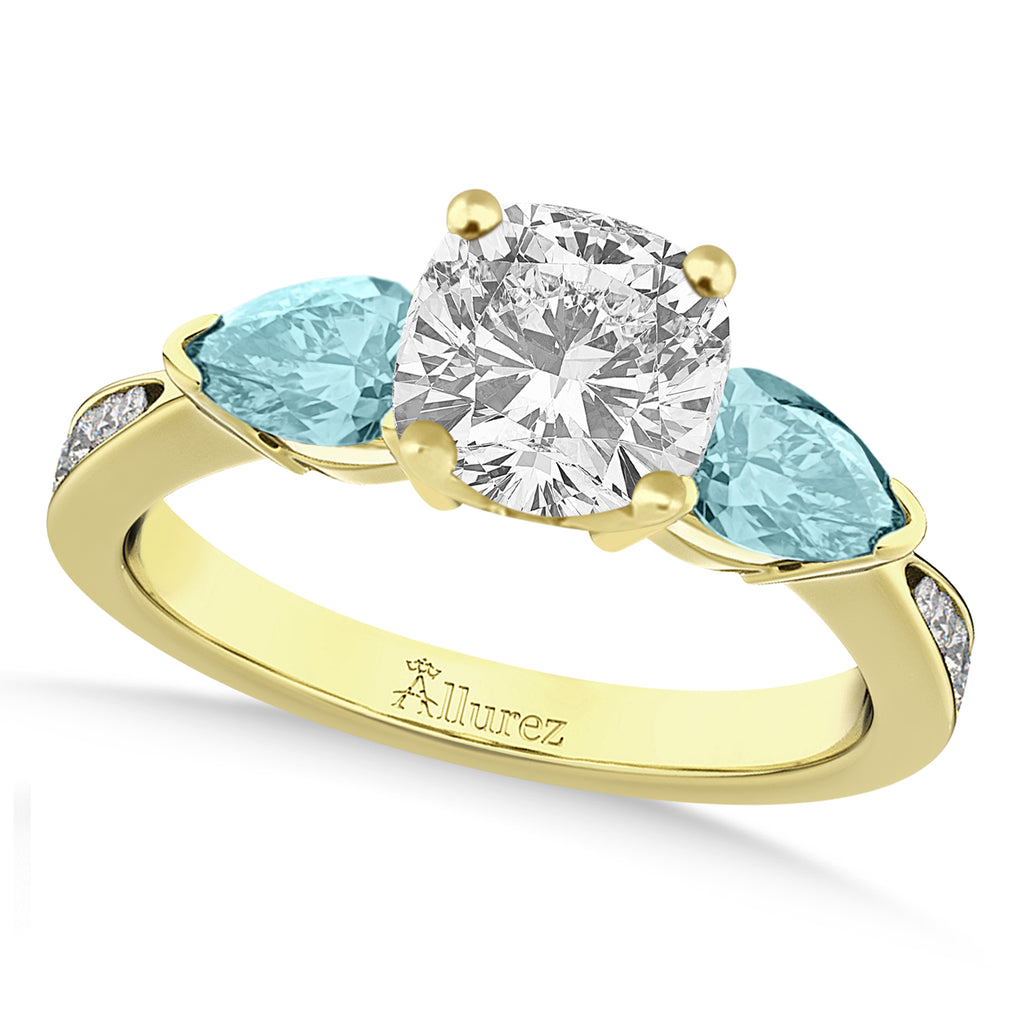 Cushion Diamond & Pear Aquamarine Engagement Ring 14k Yellow Gold (1.79ct)