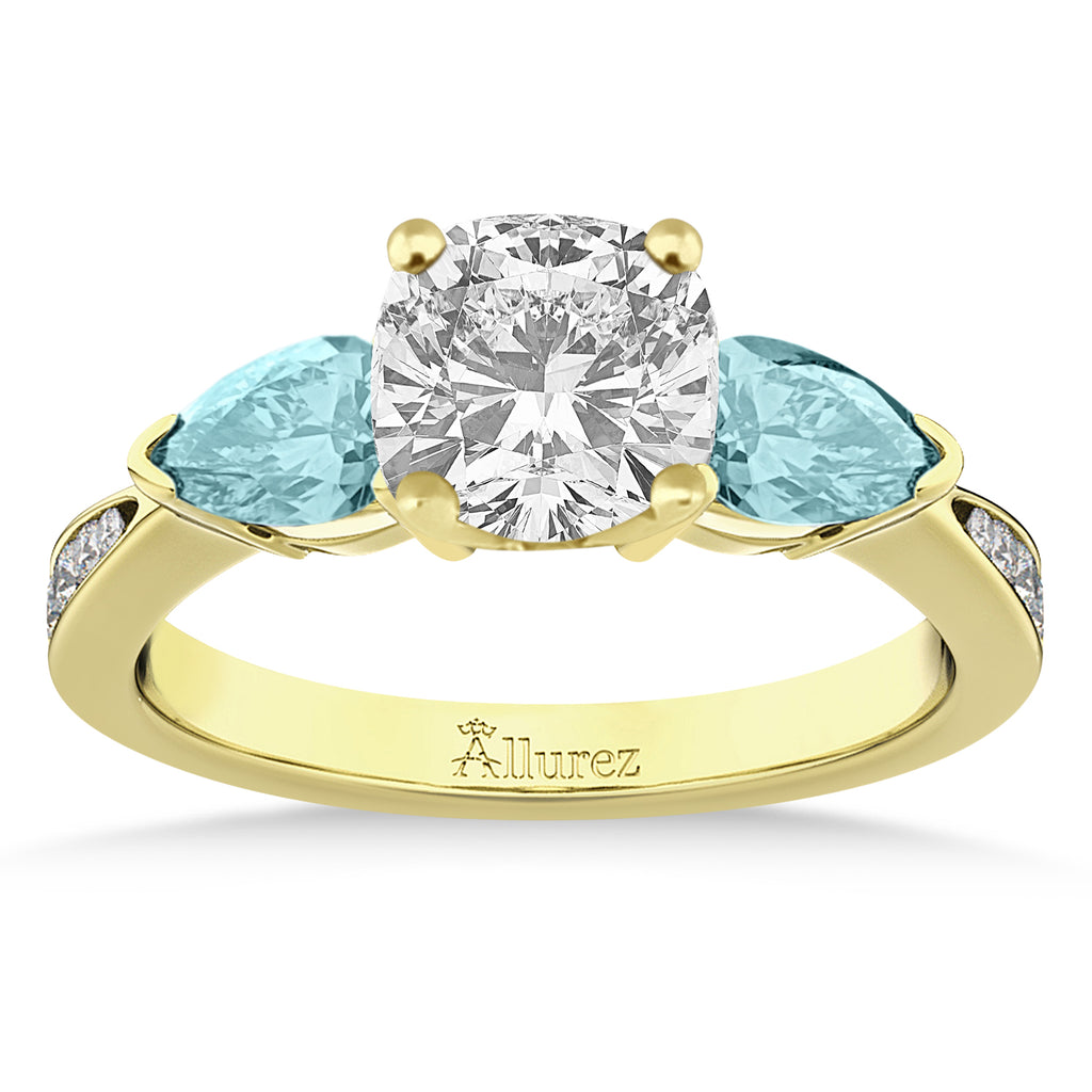 Cushion Diamond & Pear Aquamarine Engagement Ring 14k Yellow Gold (1.79ct)