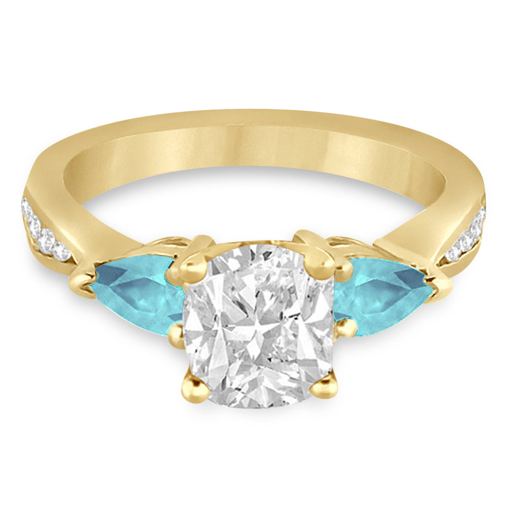 Cushion Diamond & Pear Aquamarine Engagement Ring 14k Yellow Gold (1.79ct)