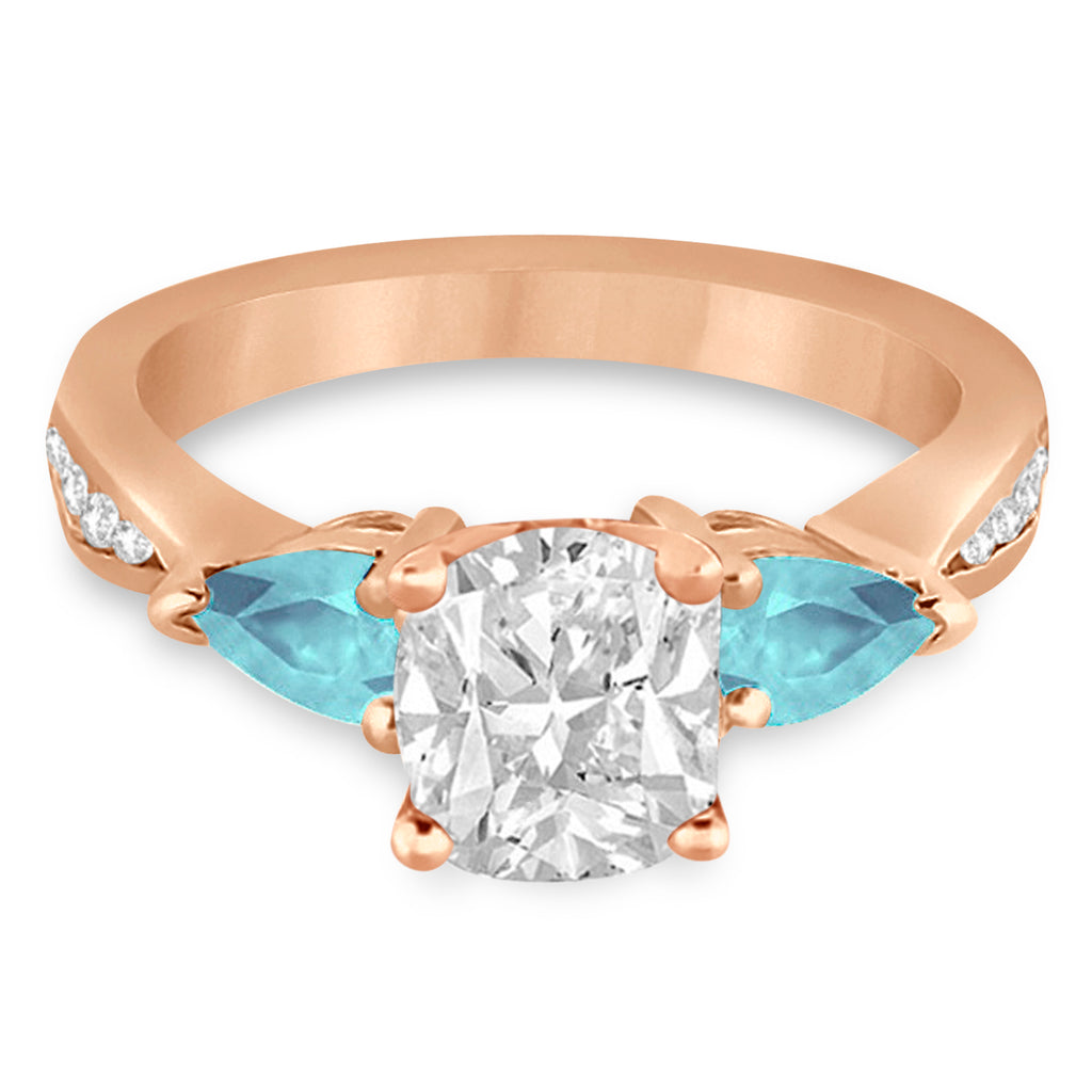 Cushion Diamond & Pear Aquamarine Engagement Ring 18k Rose Gold (1.79ct)