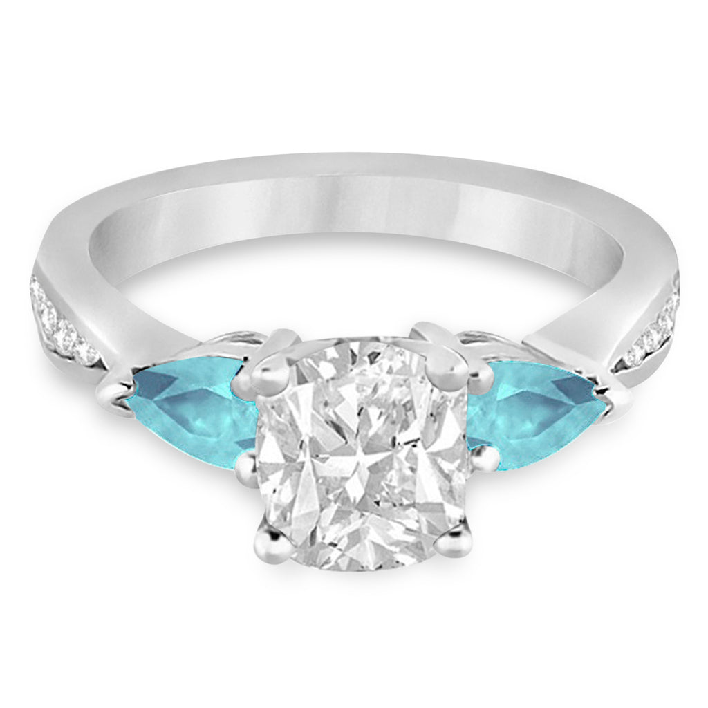 Cushion Diamond & Pear Aquamarine Engagement Ring 18k White Gold (1.79ct)