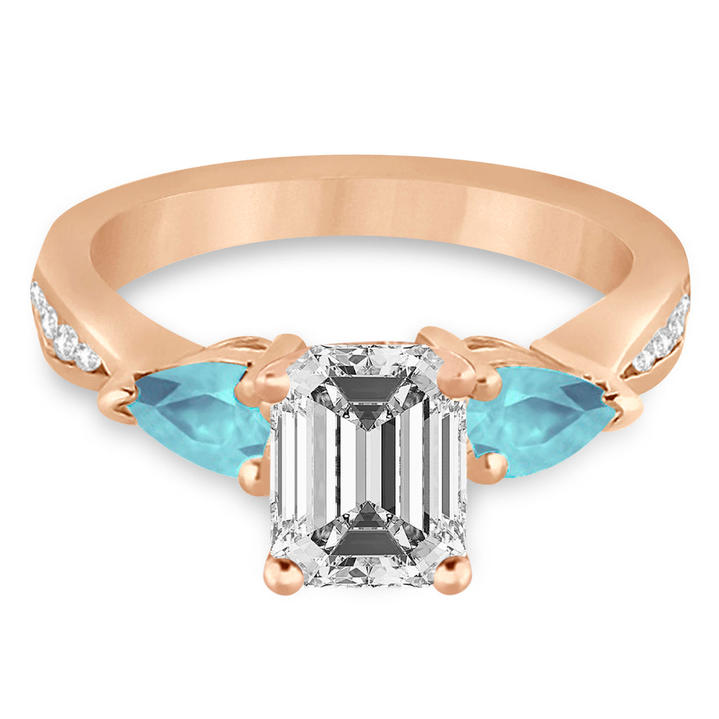 Emerald Diamond & Pear Aquamarine Engagement Ring 14k Rose Gold (1.79ct)